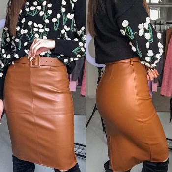 Stylish PU Leather Wrap Midi Skirts with Belt Autumn Winter Women High Waist Sheath Pencil Back Split Skirts